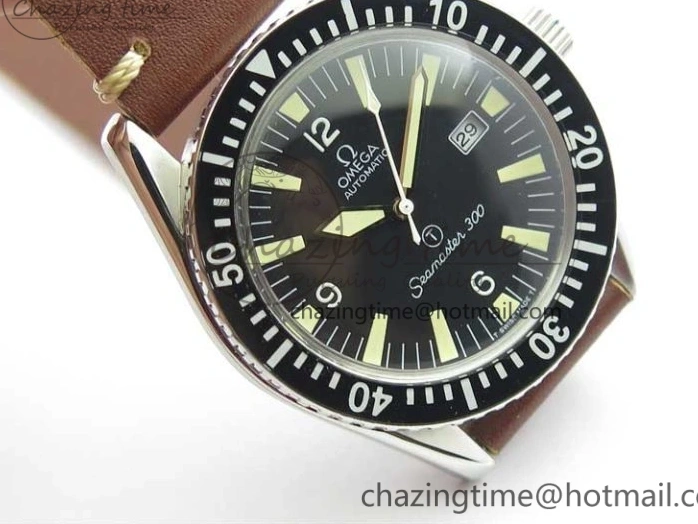 0414 Vintage Seamaster 300 Date T SS B12 Black Dial On Brown Leather Strap A2836 (Free Nylon Strap) WeatherProof 7911